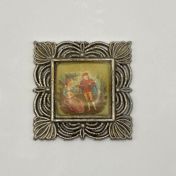 Vintage Celluloid Painting Romantic Framed French Portrait Courting Silver Tone - Picture 2 of 3